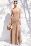 Strapless Blue Floral A Line Bridesmaid Dress with Slit