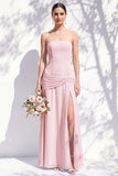Strapless Blue Floral A Line Bridesmaid Dress with Slit