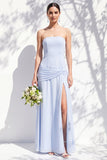 Strapless Blue Floral A Line Bridesmaid Dress with Slit