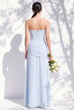 Strapless Blue Floral A Line Bridesmaid Dress with Slit