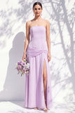 Strapless Blue Floral A Line Bridesmaid Dress with Slit