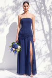 Strapless Blue Floral A Line Bridesmaid Dress with Slit