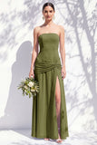 Strapless Blue Floral A Line Bridesmaid Dress with Slit
