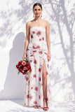 Strapless Blue Floral A Line Bridesmaid Dress with Slit