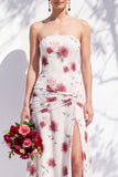 Strapless Blue Floral A Line Bridesmaid Dress with Slit