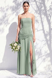 Strapless Blue Floral A Line Bridesmaid Dress with Slit