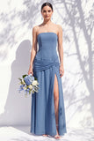 Strapless Blue Floral A Line Bridesmaid Dress with Slit