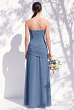 Strapless Blue Floral A Line Bridesmaid Dress with Slit