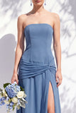 Strapless Blue Floral A Line Bridesmaid Dress with Slit