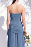 Strapless Blue Floral A Line Bridesmaid Dress with Slit