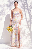 Strapless Blue Floral A Line Bridesmaid Dress with Slit