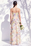 Strapless Blue Floral A Line Bridesmaid Dress with Slit