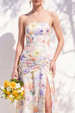 Strapless Blue Floral A Line Bridesmaid Dress with Slit