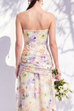 Strapless Blue Floral A Line Bridesmaid Dress with Slit