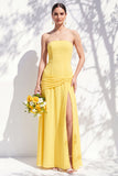 Strapless Blue Floral A Line Bridesmaid Dress with Slit