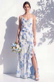 Blue Floral Ruffled A Line Cowl Neck Bridesmaid Dress