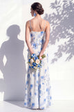 Blue Floral Ruffled A Line Cowl Neck Bridesmaid Dress