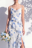 Blue Floral Ruffled A Line Cowl Neck Bridesmaid Dress