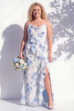 Blue Floral Ruffled A Line Cowl Neck Bridesmaid Dress