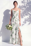 Blue Floral Ruffled A Line Cowl Neck Bridesmaid Dress