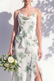 Blue Floral Ruffled A Line Cowl Neck Bridesmaid Dress