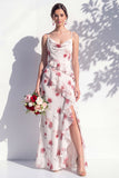 Blue Floral Ruffled A Line Cowl Neck Bridesmaid Dress