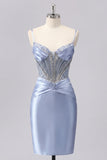 Grey Blue Satin Bodycon Sheer Corset Homecoming Dress with Beading