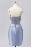 Grey Blue Satin Bodycon Sheer Corset Homecoming Dress with Beading