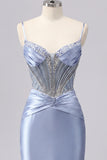 Grey Blue Satin Bodycon Sheer Corset Homecoming Dress with Beading