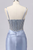 Grey Blue Satin Bodycon Sheer Corset Homecoming Dress with Beading