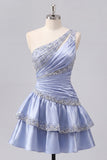 Grey Blue Satin A-Line One Shoulder Ruched Homecoming Dress with Beading