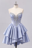 Satin A-Line Grey Blue Sweetheart Corset Ruched Cute Homecoming Dress with Beading