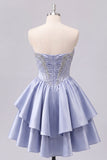 Satin A-Line Grey Blue Sweetheart Corset Ruched Cute Homecoming Dress with Beading