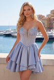 Satin A-Line Grey Blue Sweetheart Corset Ruched Cute Homecoming Dress with Beading