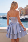 Satin A-Line Grey Blue Sweetheart Corset Ruched Cute Homecoming Dress with Beading