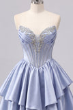 Satin A-Line Grey Blue Sweetheart Corset Ruched Cute Homecoming Dress with Beading