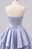 Satin A-Line Grey Blue Sweetheart Corset Ruched Cute Homecoming Dress with Beading