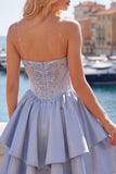 Satin A-Line Grey Blue Sweetheart Corset Ruched Cute Homecoming Dress with Beading