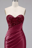 Satin Burgundy Sweetheart Ruched Bodycon Mini Homecoming Dress with Sequins