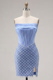 Satin Strapless Blue Corset Bodycon Beaded Homecoming Dress with Slit