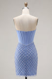 Satin Strapless Blue Corset Bodycon Beaded Homecoming Dress with Slit