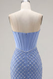 Satin Strapless Blue Corset Bodycon Beaded Homecoming Dress with Slit