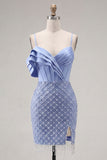 Satin Blue Corset Bodycon Ruched Beaded Homecoming Dress with Slit