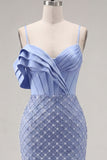 Satin Blue Corset Bodycon Ruched Beaded Homecoming Dress with Slit