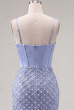 Satin Blue Corset Bodycon Ruched Beaded Homecoming Dress with Slit