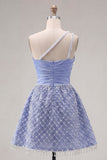 Blue One Shoulder Satin A-Line Ruched Beaded Homecoming Dress with Slit