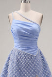 Blue One Shoulder Satin A-Line Ruched Beaded Homecoming Dress with Slit