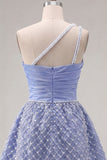 Blue One Shoulder Satin A-Line Ruched Beaded Homecoming Dress with Slit