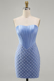Blue Strapless Satin Bodycon Pearl Corset Beaded Homecoming Dress
