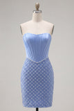 Blue Strapless Satin Bodycon Corset Beaded Homecoming Dress